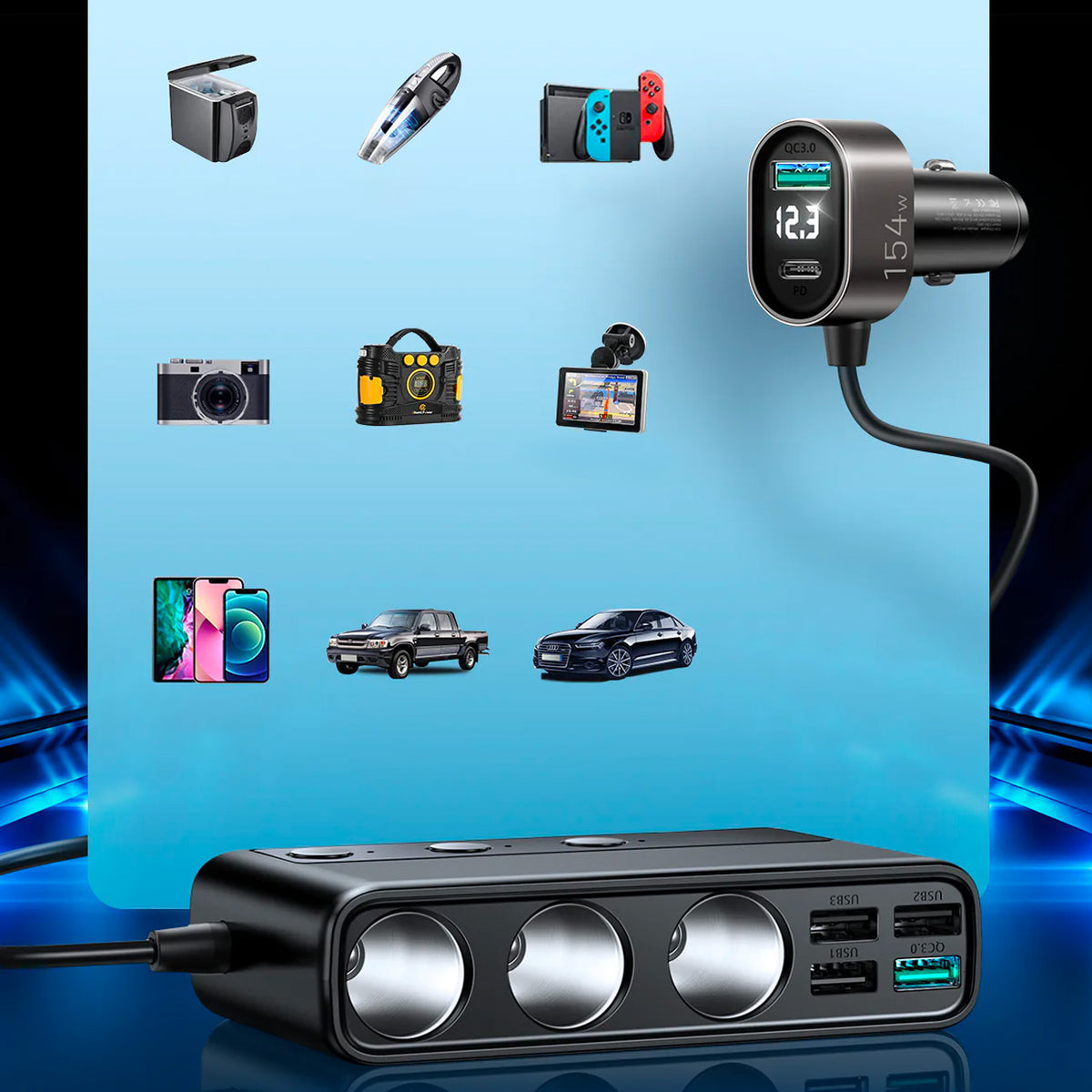 9in1 car charger 5x USB 1x USB-C 3x lighter socket PD QC black - Carlat