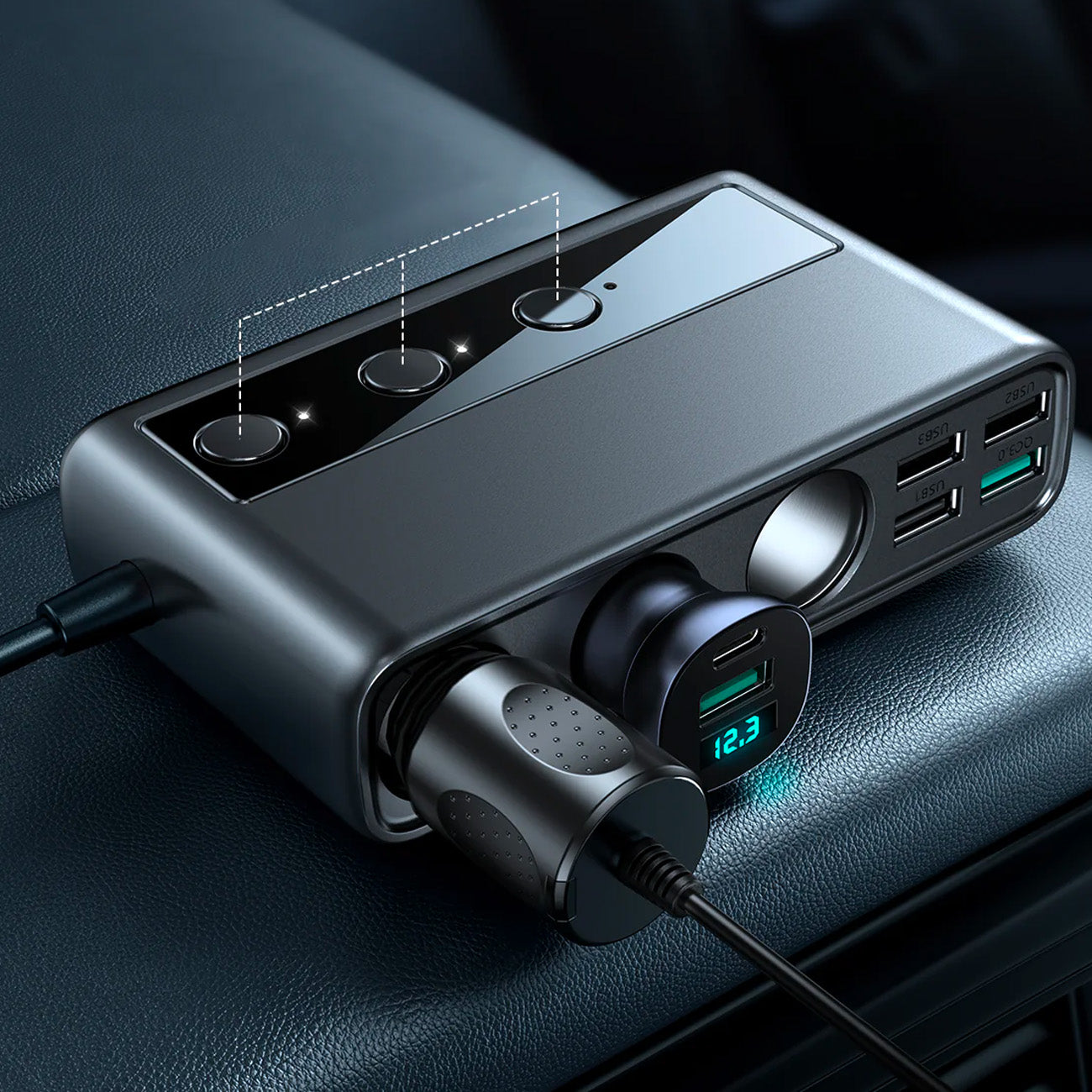 9in1 car charger 5x USB 1x USB-C 3x lighter socket PD QC black - Carlat