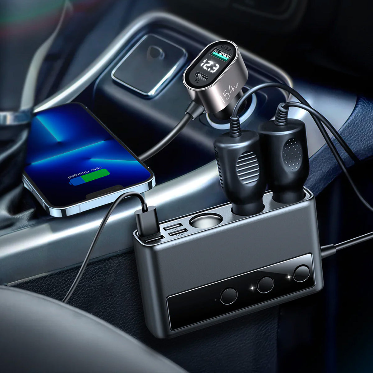 9in1 car charger 5x USB 1x USB-C 3x lighter socket PD QC black - Carlat