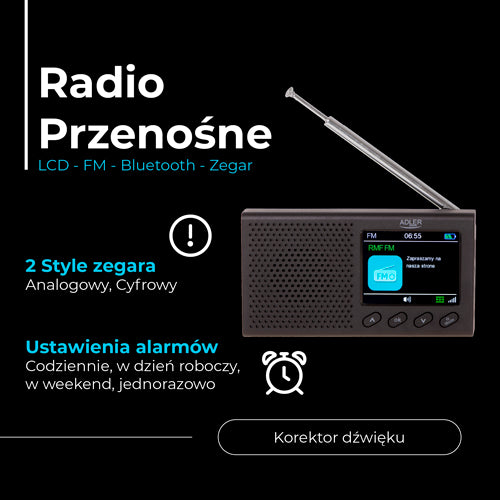 AD 1198 Portable Radio - LCD - FM - Bluetooth - Clock - Carlat