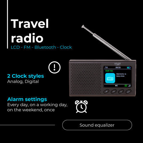 AD 1198 Portable Radio - LCD - FM - Bluetooth - Clock - Carlat