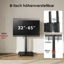 AOKCOS TV Stand Rollable with Wooden Shelf, TV Stand on Wheels for 32-65 Inch TVs, TV Floor Stand, Height Adjustable, Swivelling, up to 40 kg Max. VESA 400 x 400 mm (Black) - Carlat