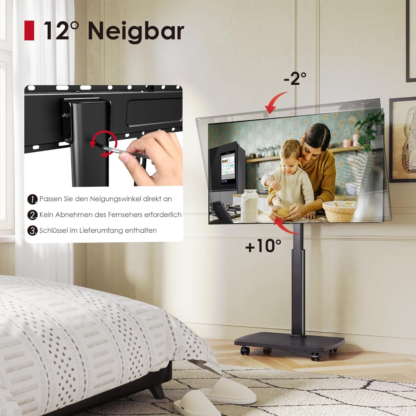 AOKCOS TV Stand Rollable with Wooden Shelf, TV Stand on Wheels for 32-65 Inch TVs, TV Floor Stand, Height Adjustable, Swivelling, up to 40 kg Max. VESA 400 x 400 mm (Black) - Carlat
