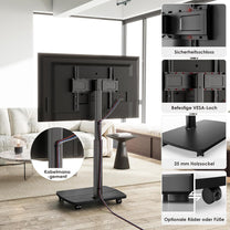 AOKCOS TV Stand Rollable with Wooden Shelf, TV Stand on Wheels for 32-65 Inch TVs, TV Floor Stand, Height Adjustable, Swivelling, up to 40 kg Max. VESA 400 x 400 mm (Black) - Carlat