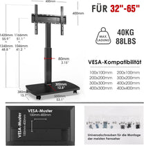AOKCOS TV Stand Rollable with Wooden Shelf, TV Stand on Wheels for 32-65 Inch TVs, TV Floor Stand, Height Adjustable, Swivelling, up to 40 kg Max. VESA 400 x 400 mm (Black) - Carlat
