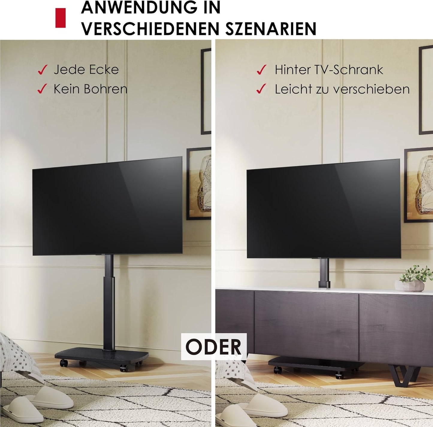 AOKCOS TV Stand Rollable with Wooden Shelf, TV Stand on Wheels for 32-65 Inch TVs, TV Floor Stand, Height Adjustable, Swivelling, up to 40 kg Max. VESA 400 x 400 mm (Black) - Carlat