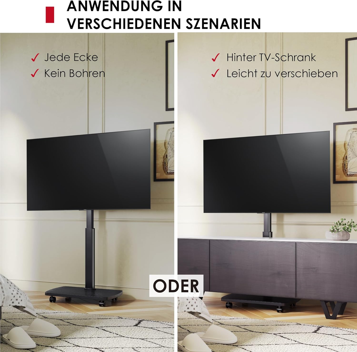 AOKCOS TV Stand Rollable with Wooden Shelf, TV Stand on Wheels for 32-65 Inch TVs, TV Floor Stand, Height Adjustable, Swivelling, up to 40 kg Max. VESA 400 x 400 mm (Black) - Carlat