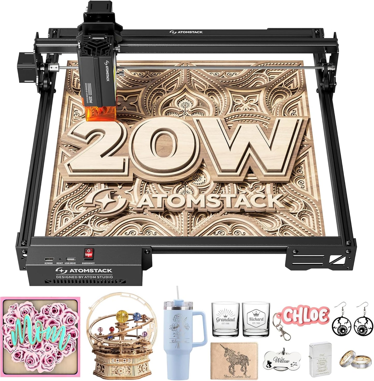 ATOMSTACK A20 PRO V2 Laser Engraving Machine 20 W Laser Cutter, High Precision Laser Cutter for Personalised Gifts, Business Cards, Wood, Metal, Acrylic, Leather - Carlat
