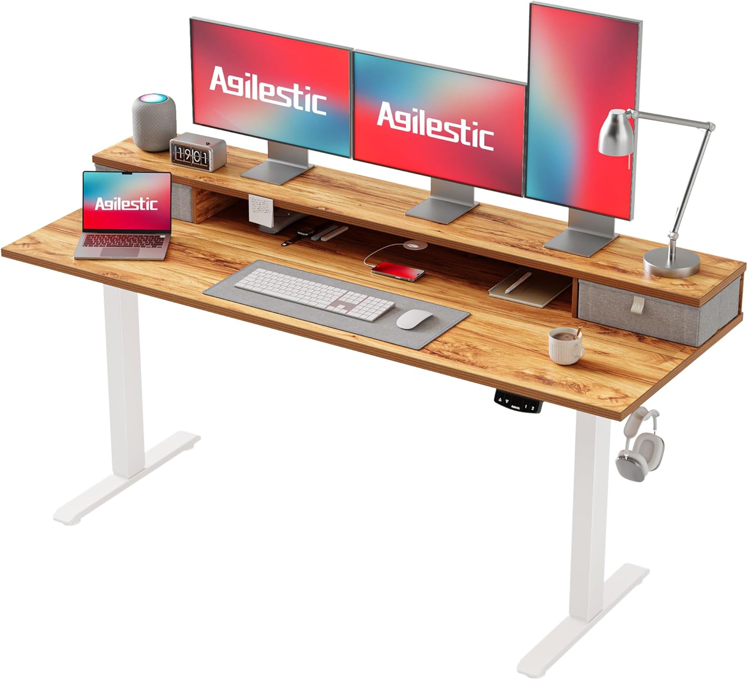 Agilestic Height-adjustable desk with 2 drawers, 100 x 60 cm, sturdy desk, height adjustable, electric, ergonomic standing seat, table, computer desk, brown - Carlat