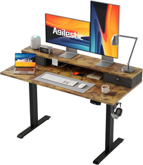 Agilestic Height-adjustable desk with 2 drawers, 100 x 60 cm, sturdy desk, height adjustable, electric, ergonomic standing seat, table, computer desk, brown - Carlat
