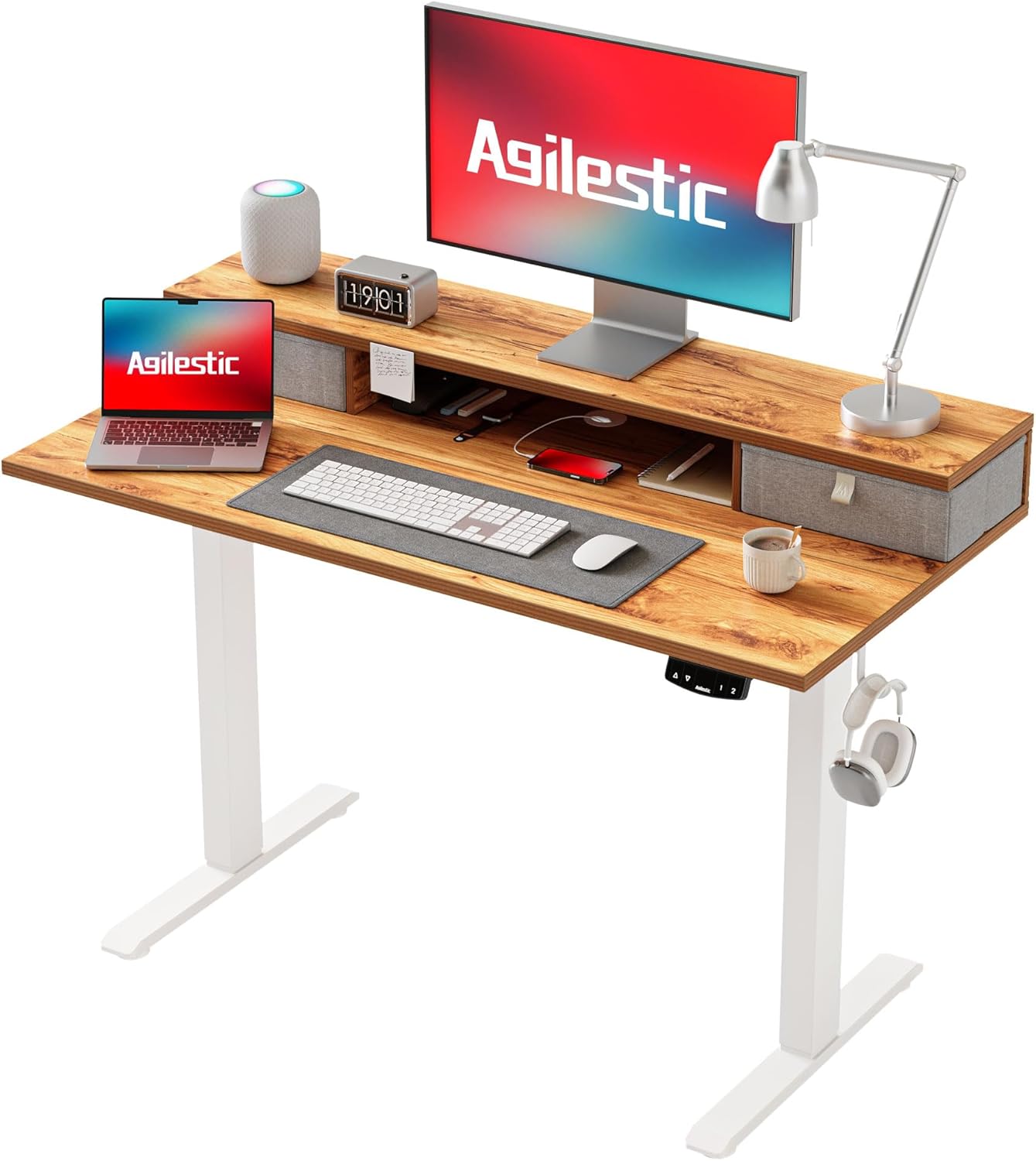 Agilestic Height-adjustable desk with 2 drawers, 100 x 60 cm, sturdy desk, height adjustable, electric, ergonomic standing seat, table, computer desk, brown - Carlat