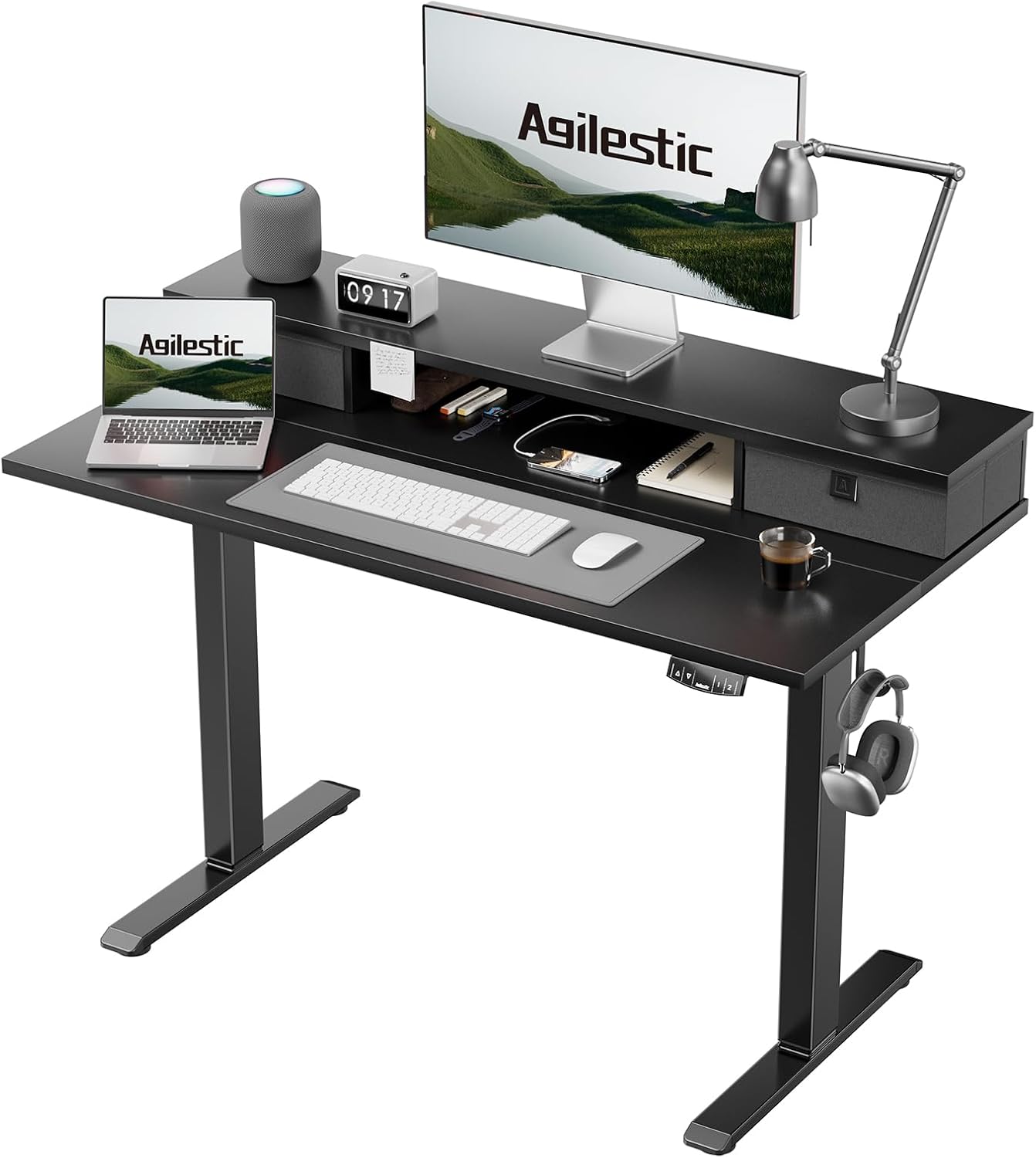 Agilestic Height-adjustable desk with 2 drawers, 100 x 60 cm, sturdy desk, height adjustable, electric, ergonomic standing seat, table, computer desk, brown - Carlat