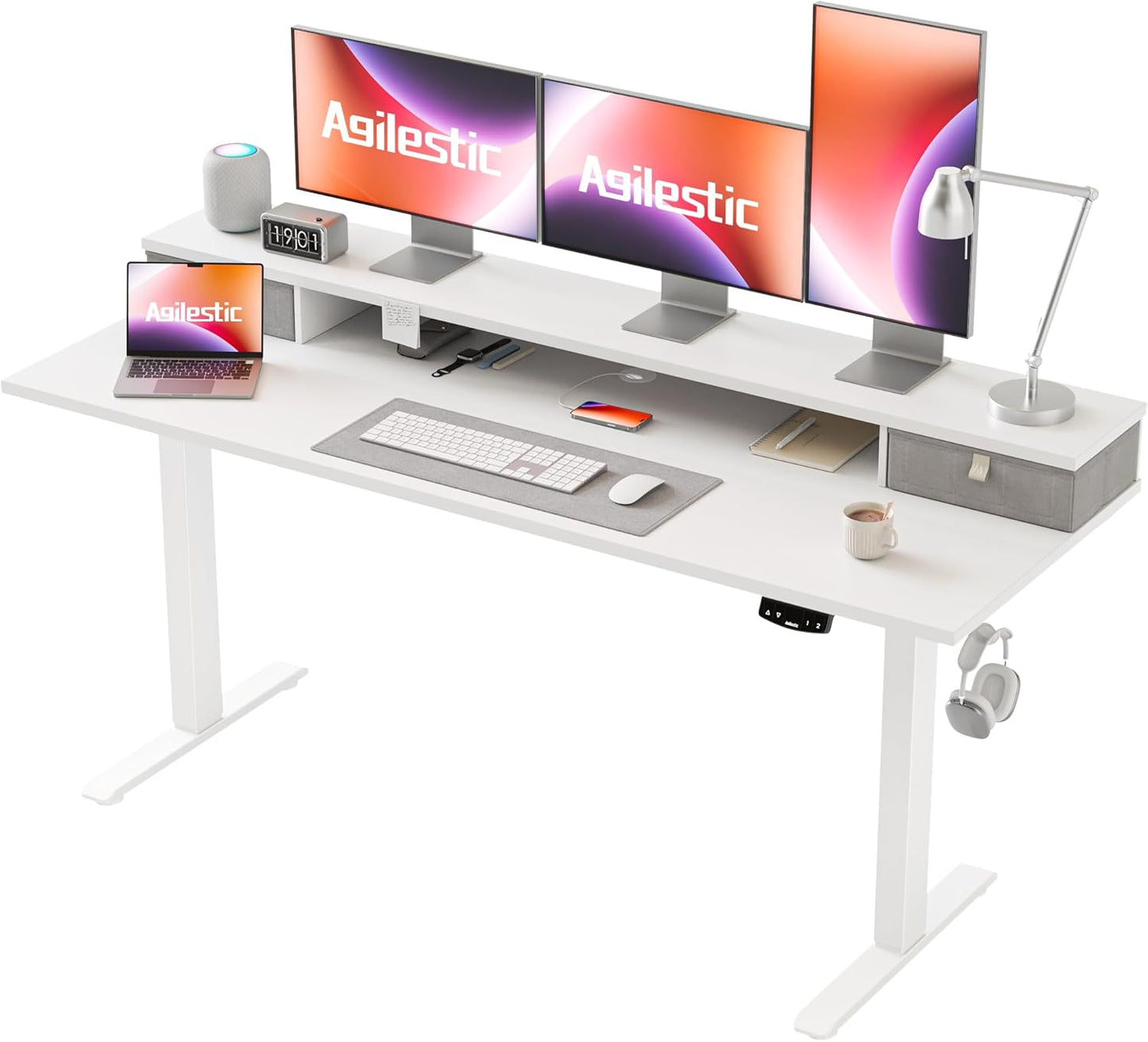 Agilestic Height-adjustable desk with 2 drawers, 100 x 60 cm, sturdy desk, height adjustable, electric, ergonomic standing seat, table, computer desk, brown - Carlat