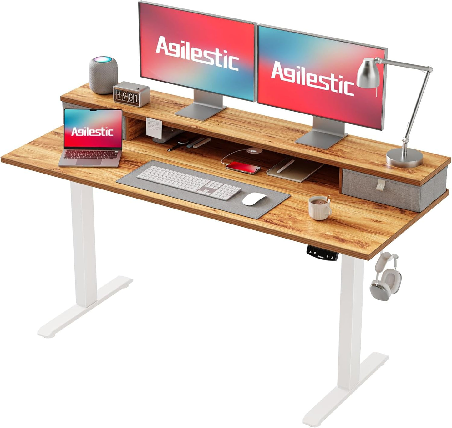 Agilestic Height-adjustable desk with 2 drawers, 100 x 60 cm, sturdy desk, height adjustable, electric, ergonomic standing seat, table, computer desk, brown - Carlat