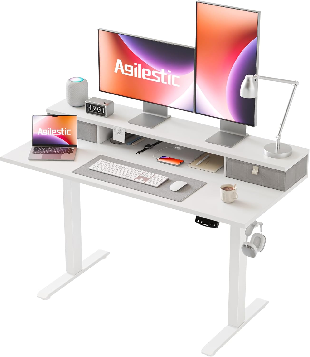 Agilestic Height-adjustable desk with 2 drawers, 100 x 60 cm, sturdy desk, height adjustable, electric, ergonomic standing seat, table, computer desk, brown - Carlat