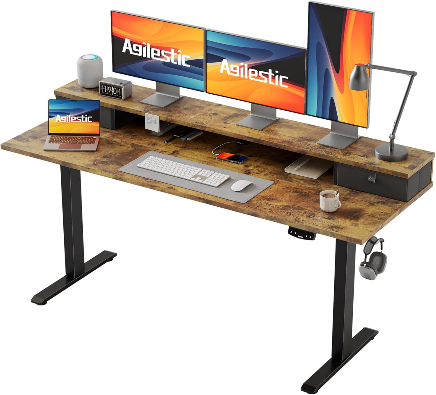 Agilestic Height-adjustable desk with 2 drawers, 100 x 60 cm, sturdy desk, height adjustable, electric, ergonomic standing seat, table, computer desk, brown - Carlat