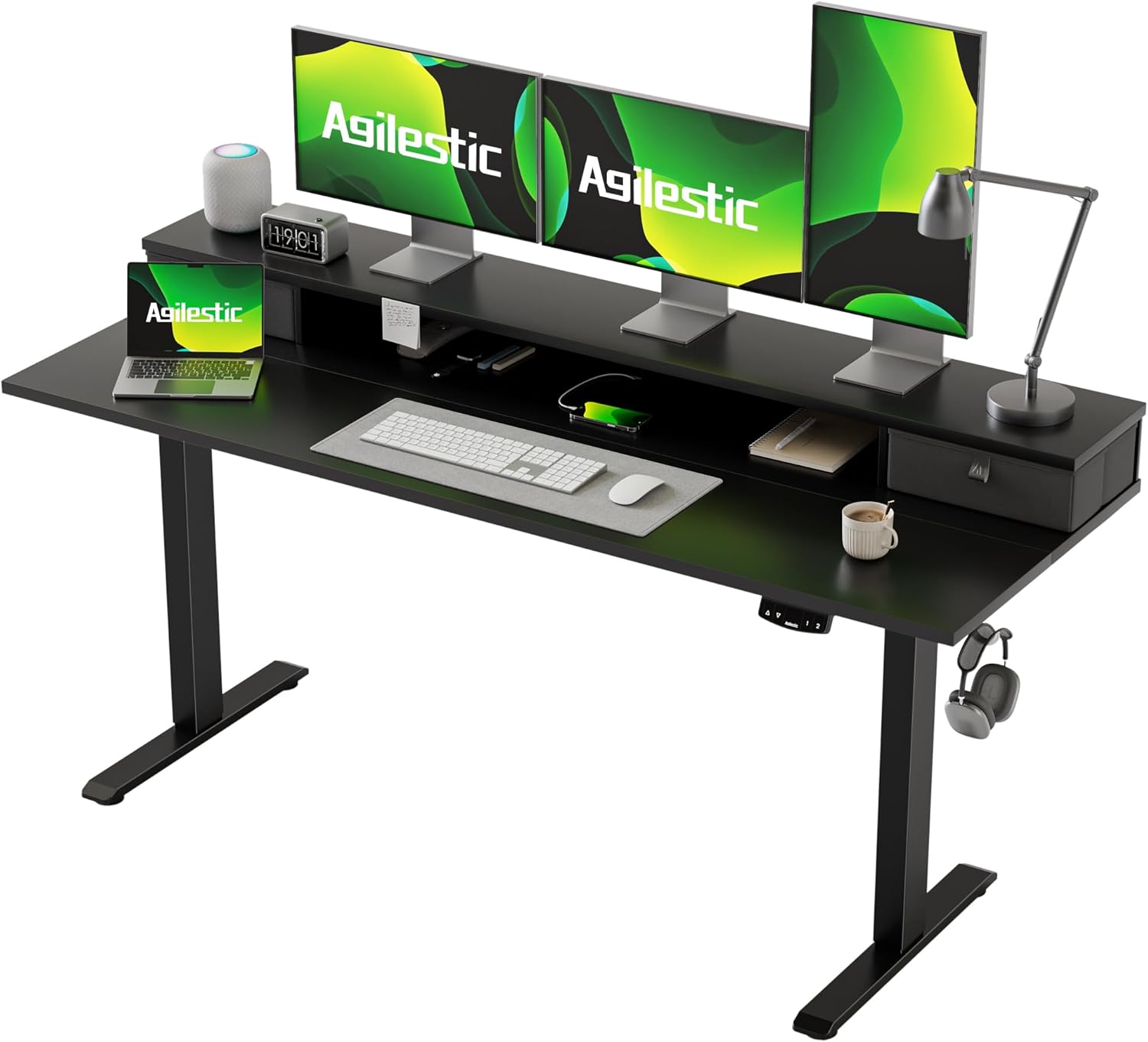 Agilestic Height-adjustable desk with 2 drawers, 100 x 60 cm, sturdy desk, height adjustable, electric, ergonomic standing seat, table, computer desk, brown - Carlat