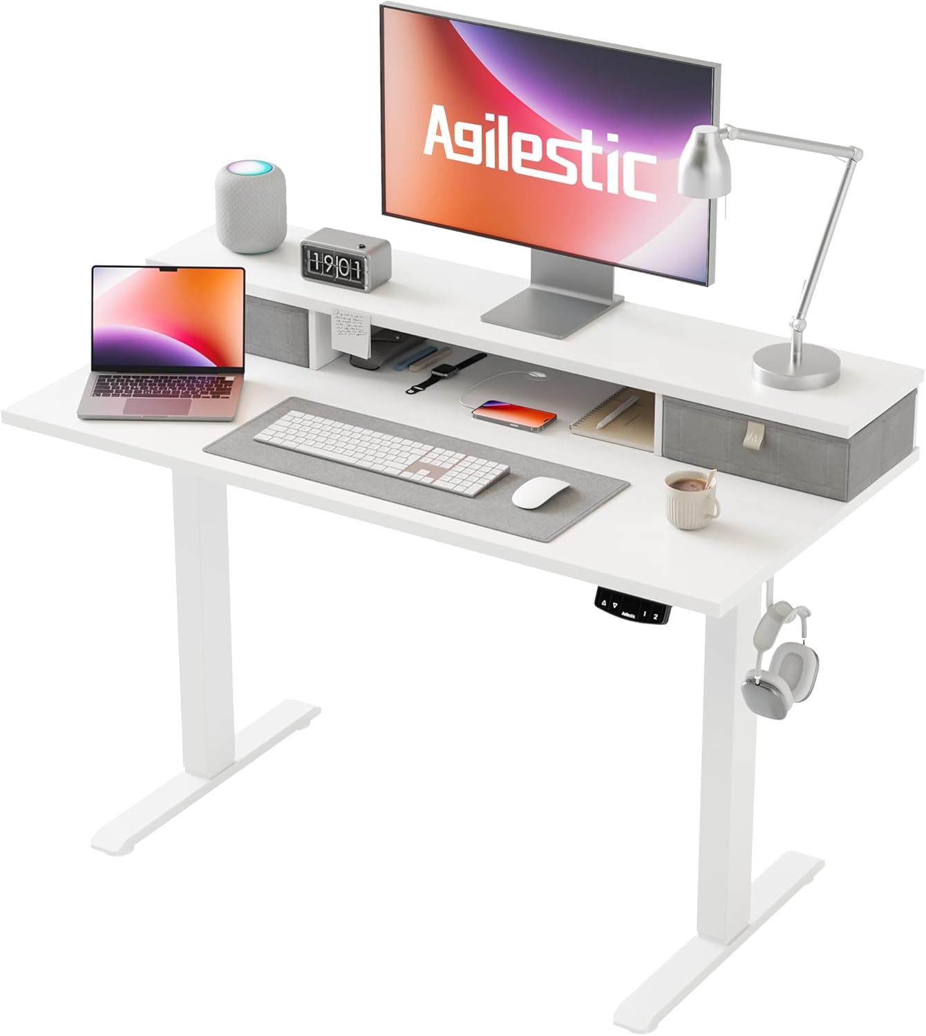 Agilestic Height-adjustable desk with 2 drawers, 100 x 60 cm, sturdy desk, height adjustable, electric, ergonomic standing seat, table, computer desk, brown - Carlat