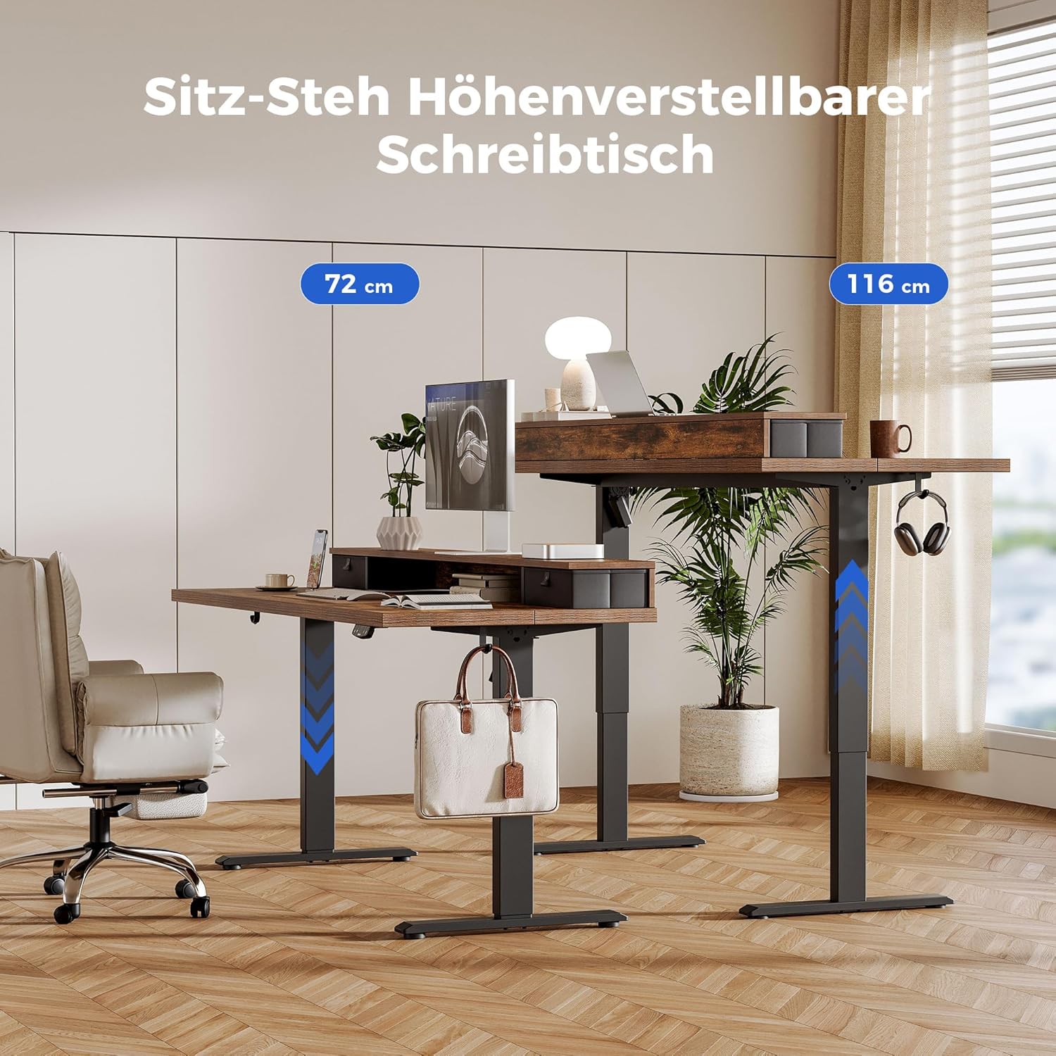 Agilestic Height-adjustable desk with 2 drawers, 100 x 60 cm, sturdy desk, height adjustable, electric, ergonomic standing seat, table, computer desk, brown - Carlat