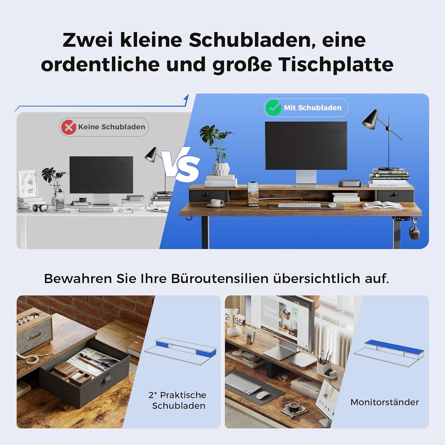 Agilestic Height-adjustable desk with 2 drawers, 100 x 60 cm, sturdy desk, height adjustable, electric, ergonomic standing seat, table, computer desk, brown - Carlat