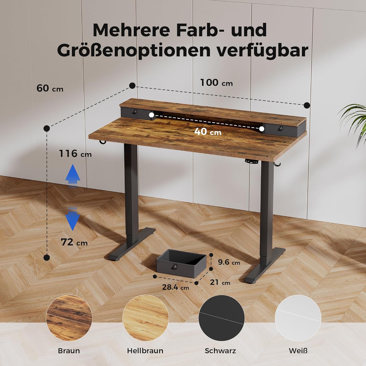 Agilestic Height-adjustable desk with 2 drawers, 100 x 60 cm, sturdy desk, height adjustable, electric, ergonomic standing seat, table, computer desk, brown - Carlat