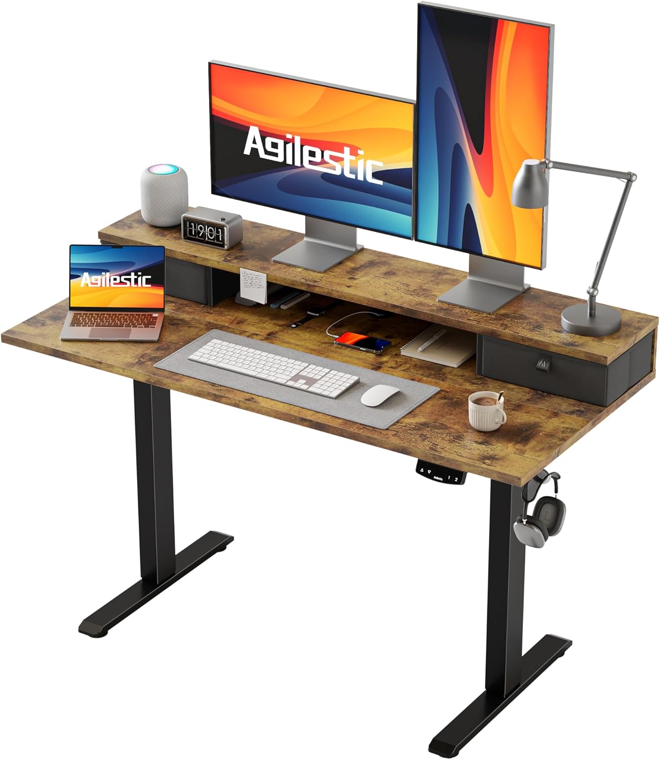 Agilestic Height-adjustable desk with 2 drawers, 120 x 60 cm, sturdy desk, height adjustable, electric, ergonomic standing seat, table, computer desk, white - Carlat