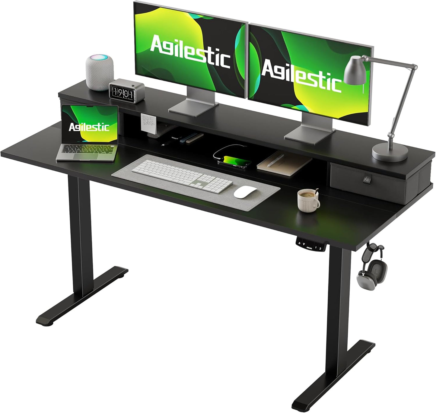 Agilestic Height-adjustable desk with 2 drawers, 120 x 60 cm, sturdy desk, height adjustable, electric, ergonomic standing seat, table, computer desk, white - Carlat