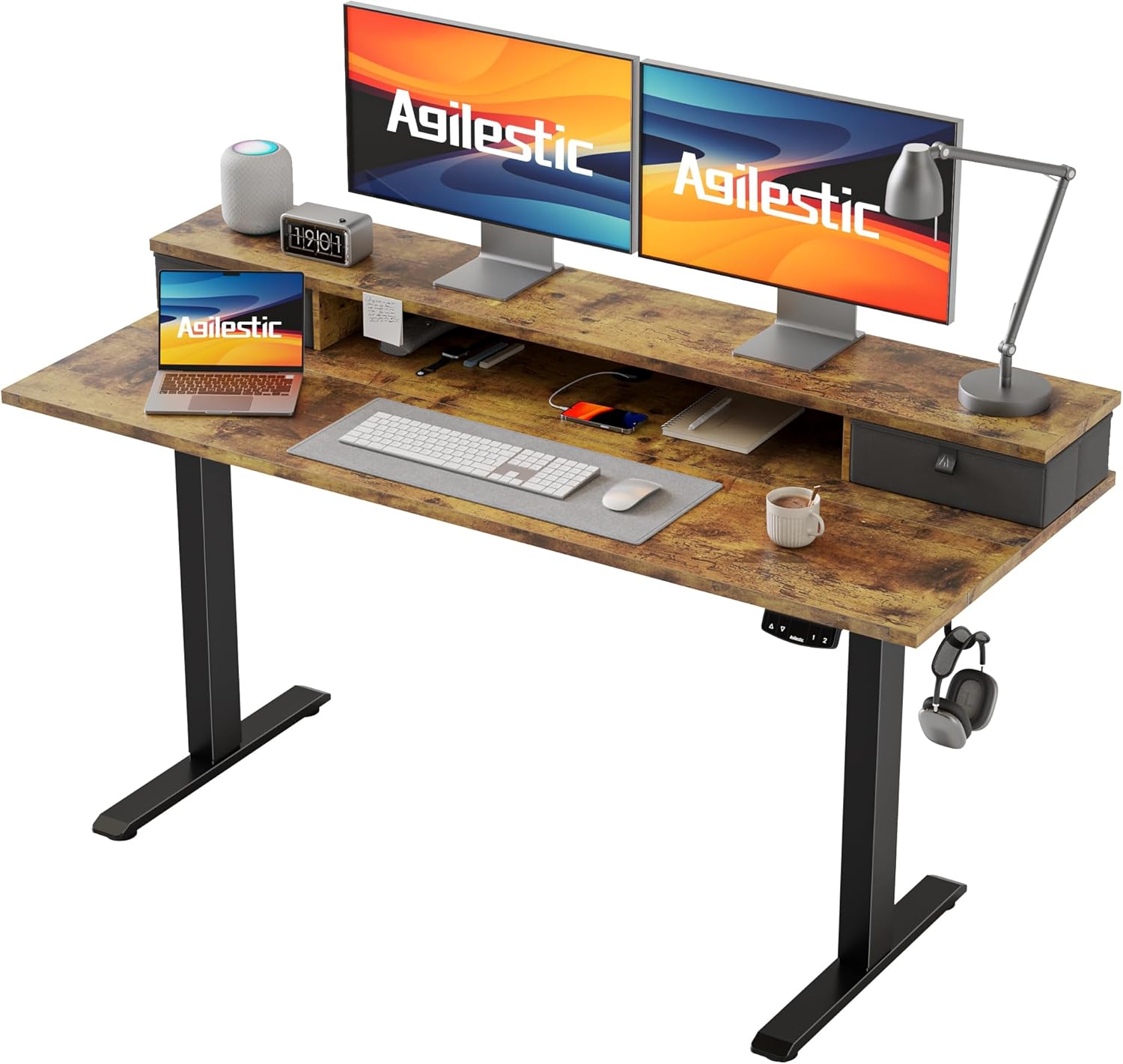 Agilestic Height-adjustable desk with 2 drawers, 120 x 60 cm, sturdy desk, height adjustable, electric, ergonomic standing seat, table, computer desk, white - Carlat