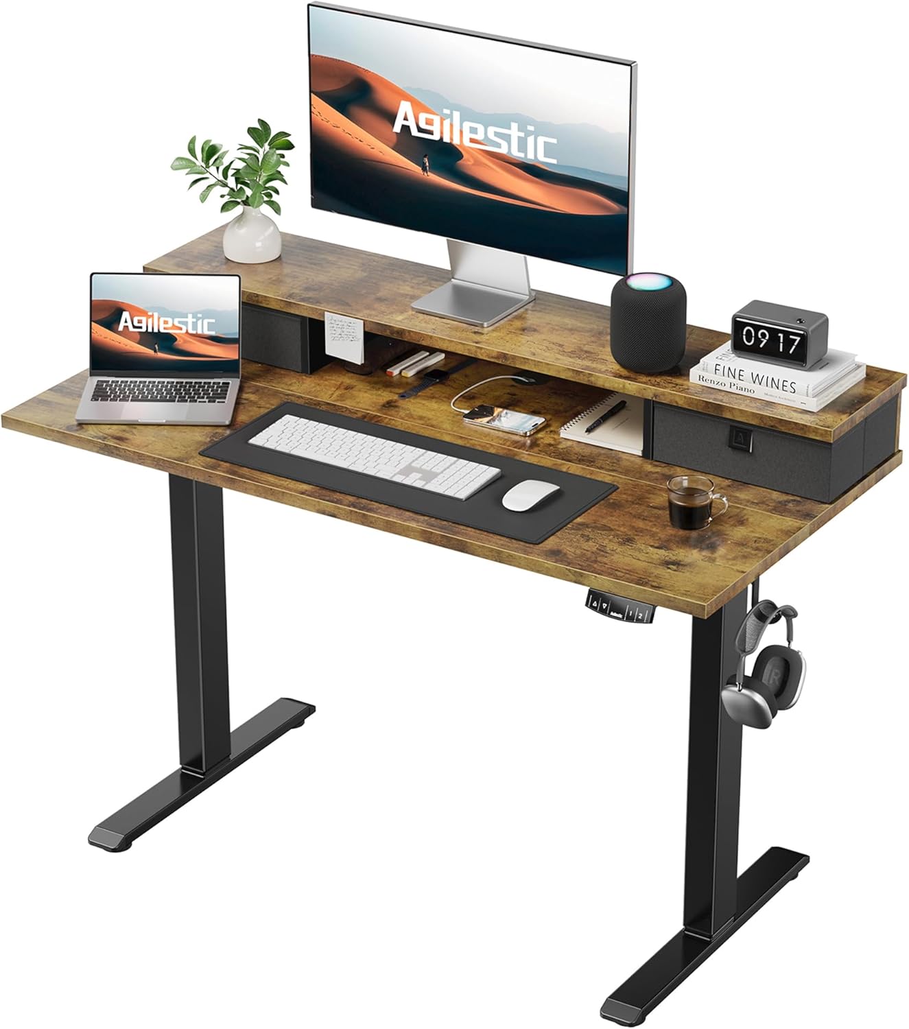 Agilestic Height-adjustable desk with 2 drawers, 120 x 60 cm, sturdy desk, height adjustable, electric, ergonomic standing seat, table, computer desk, white - Carlat