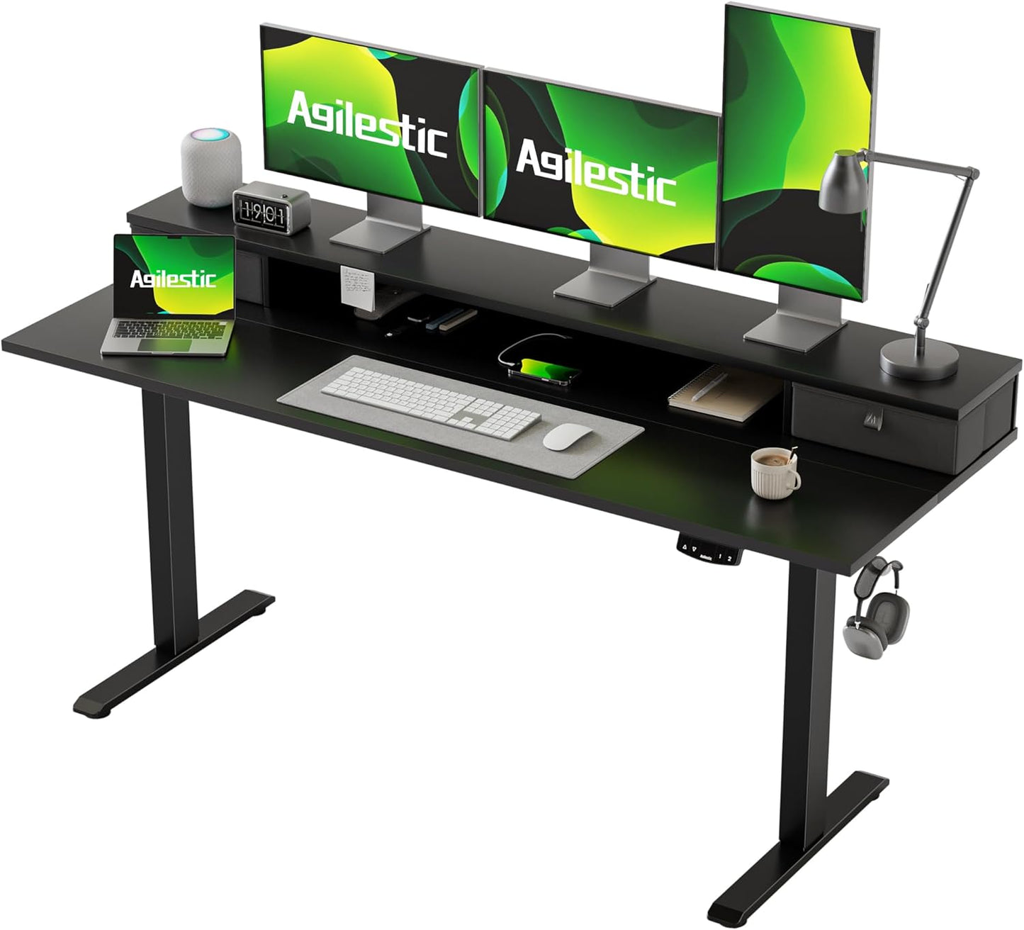Agilestic Height-adjustable desk with 2 drawers, 120 x 60 cm, sturdy desk, height adjustable, electric, ergonomic standing seat, table, computer desk, white - Carlat