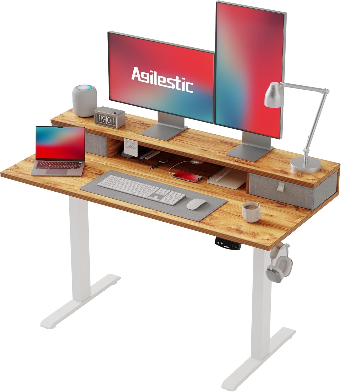 Agilestic Height-adjustable desk with 2 drawers, 120 x 60 cm, sturdy desk, height adjustable, electric, ergonomic standing seat, table, computer desk, white - Carlat