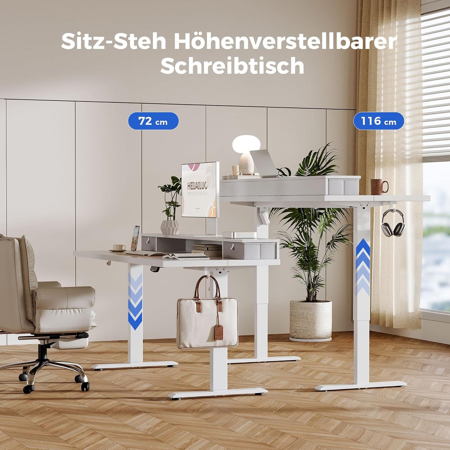 Agilestic Height-adjustable desk with 2 drawers, 120 x 60 cm, sturdy desk, height adjustable, electric, ergonomic standing seat, table, computer desk, white - Carlat