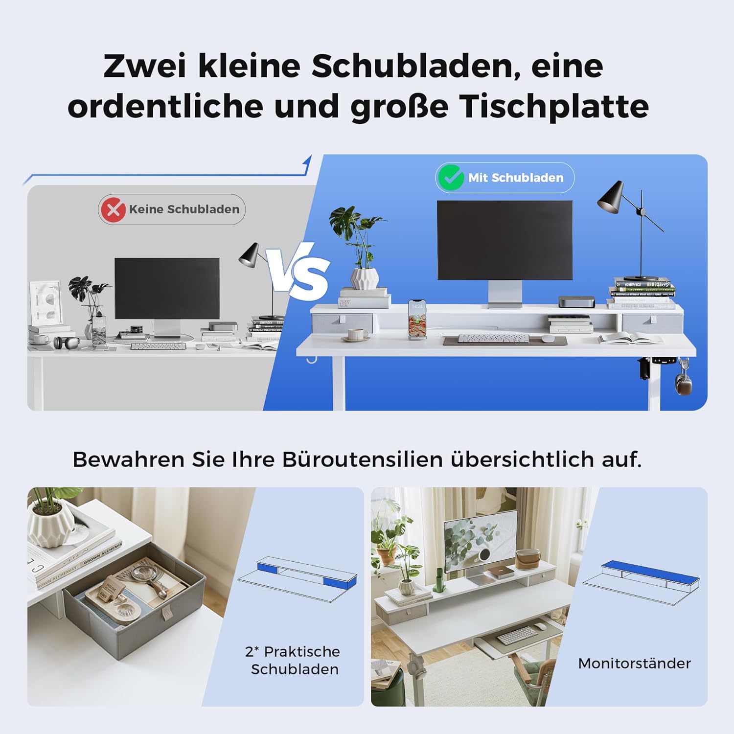 Agilestic Height-adjustable desk with 2 drawers, 120 x 60 cm, sturdy desk, height adjustable, electric, ergonomic standing seat, table, computer desk, white - Carlat
