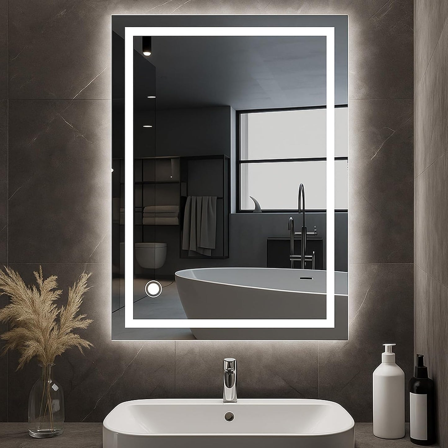 AllRight Bathroom Mirror with Lighting, 70 x 50 cm, Dimmable LED Mirror with 3 Light Colours, IP54 Waterproof, Touch Control, Wall Mirror for Bathroom, Horizontal/Vertical Mounting - Carlat