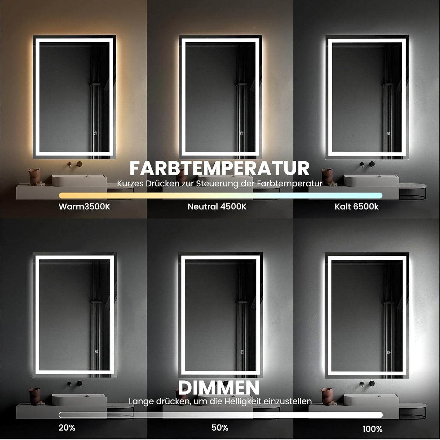 AllRight Bathroom Mirror with Lighting, 70 x 50 cm, Dimmable LED Mirror with 3 Light Colours, IP54 Waterproof, Touch Control, Wall Mirror for Bathroom, Horizontal/Vertical Mounting - Carlat