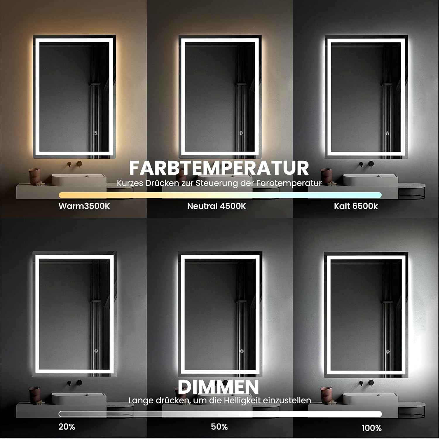 AllRight Bathroom Mirror with Lighting, 70 x 50 cm, Dimmable LED Mirror with 3 Light Colours, IP54 Waterproof, Touch Control, Wall Mirror for Bathroom, Horizontal/Vertical Mounting - Carlat