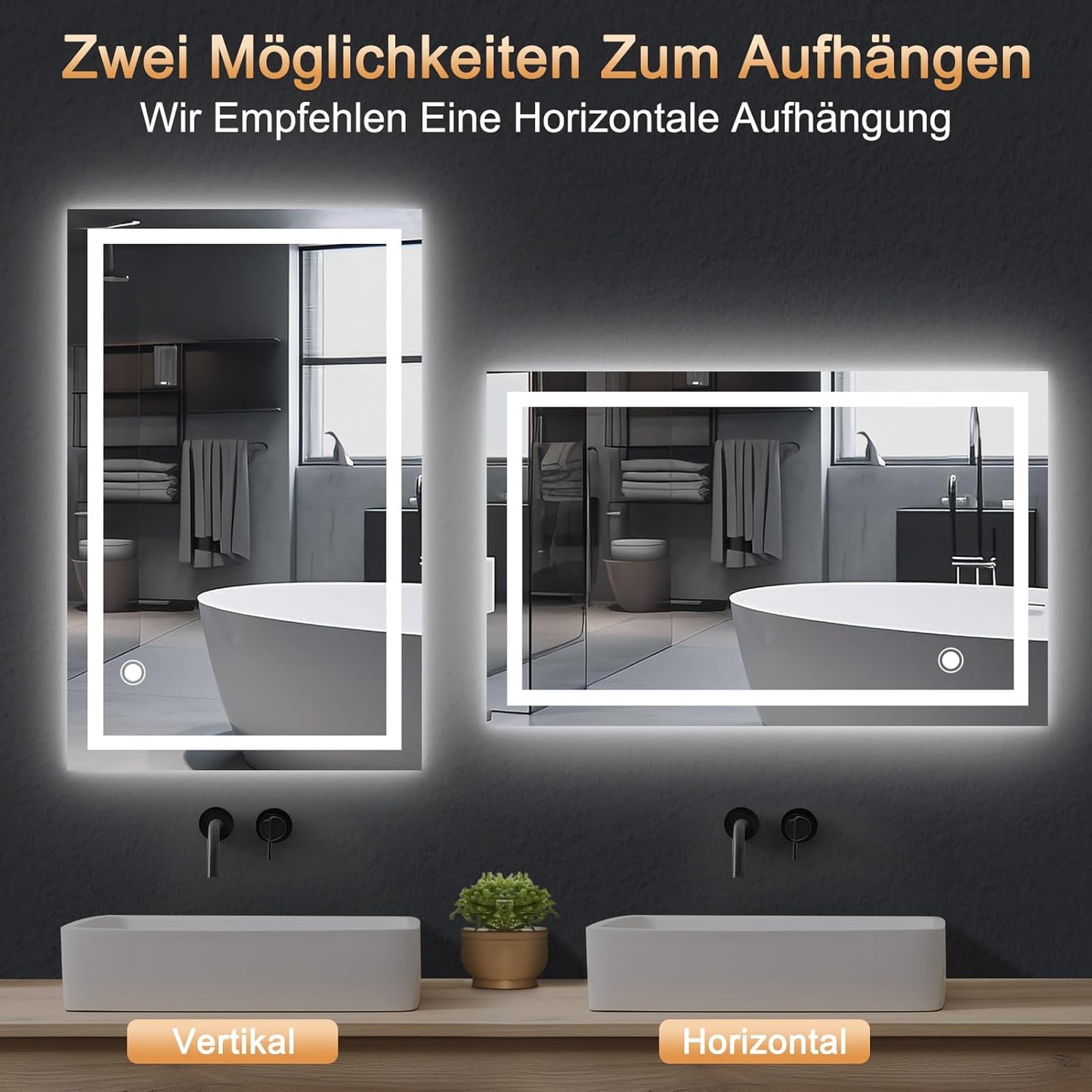 AllRight Bathroom Mirror with Lighting, 70 x 50 cm, Dimmable LED Mirror with 3 Light Colours, IP54 Waterproof, Touch Control, Wall Mirror for Bathroom, Horizontal/Vertical Mounting - Carlat
