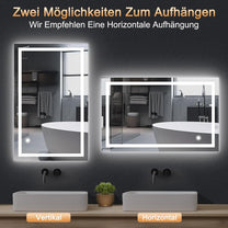 AllRight Bathroom Mirror with Lighting, 70 x 50 cm, Dimmable LED Mirror with 3 Light Colours, IP54 Waterproof, Touch Control, Wall Mirror for Bathroom, Horizontal/Vertical Mounting - Carlat