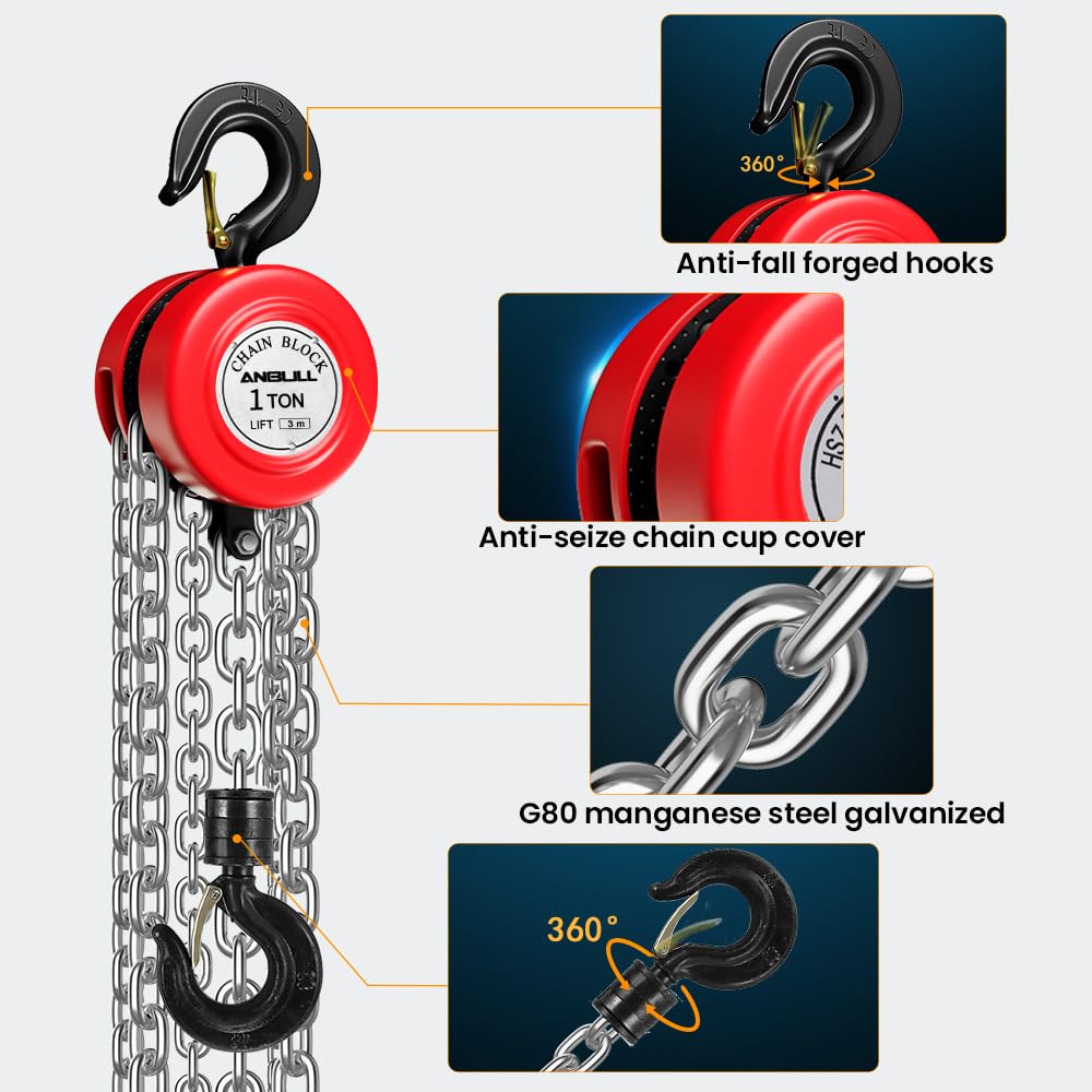 Anbull 1T Kettenzug handseilwinde, Vollverzinkte Kette, ölfrei, 1000Kg Tragkraft Flaschenzug Seilzug Hebezug Ratschenzug, 3m Kette, Kettenblockaufzug - Carlat