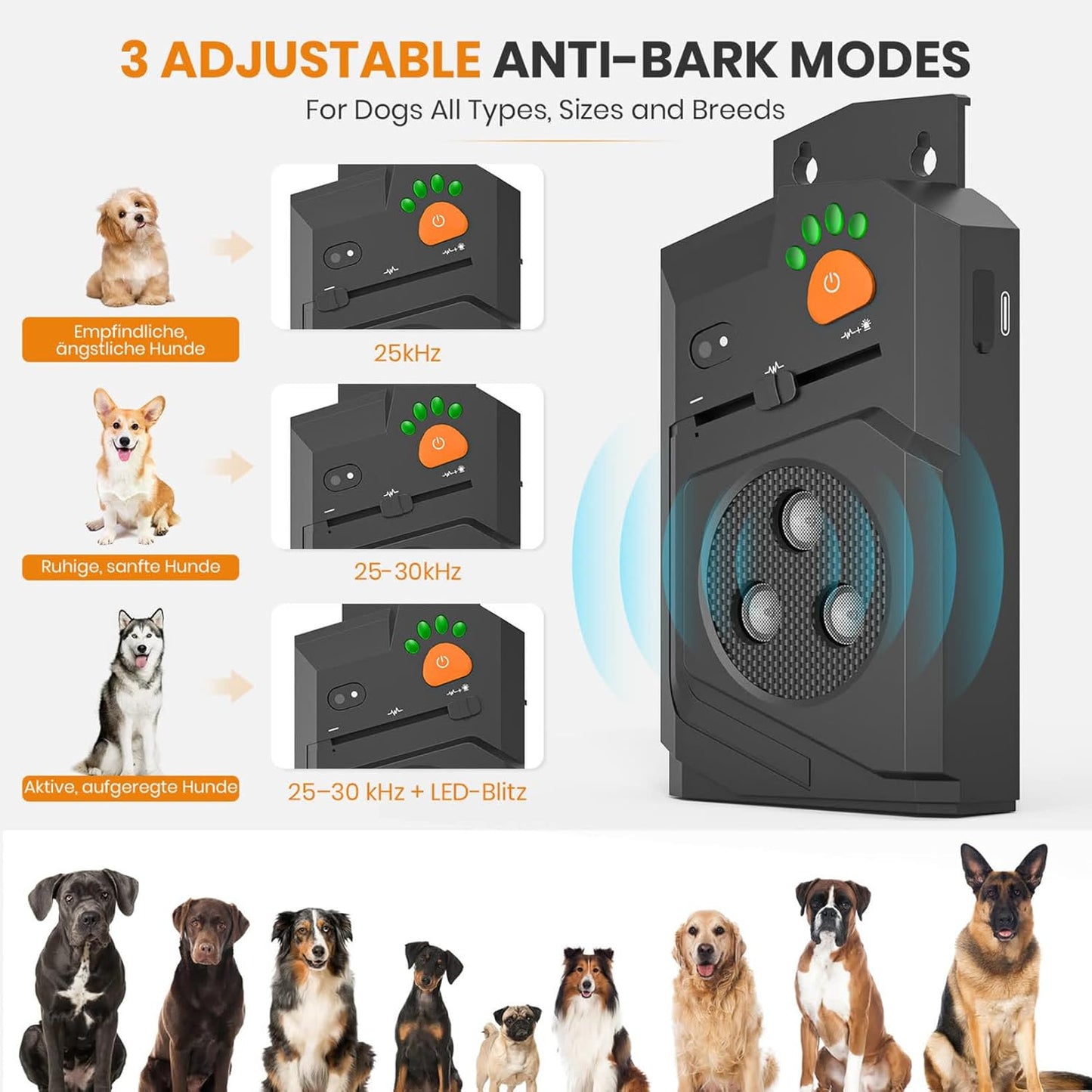 Antibarking for Dogs, Ultrasonic Device Dogs, Anti Bark Device Dogs with 3 Modes, 15 m Range, Automatic Anti Bark Function, Ultrasonic Dog Bark Stopper for Indoor and Outdoor Use - Carlat