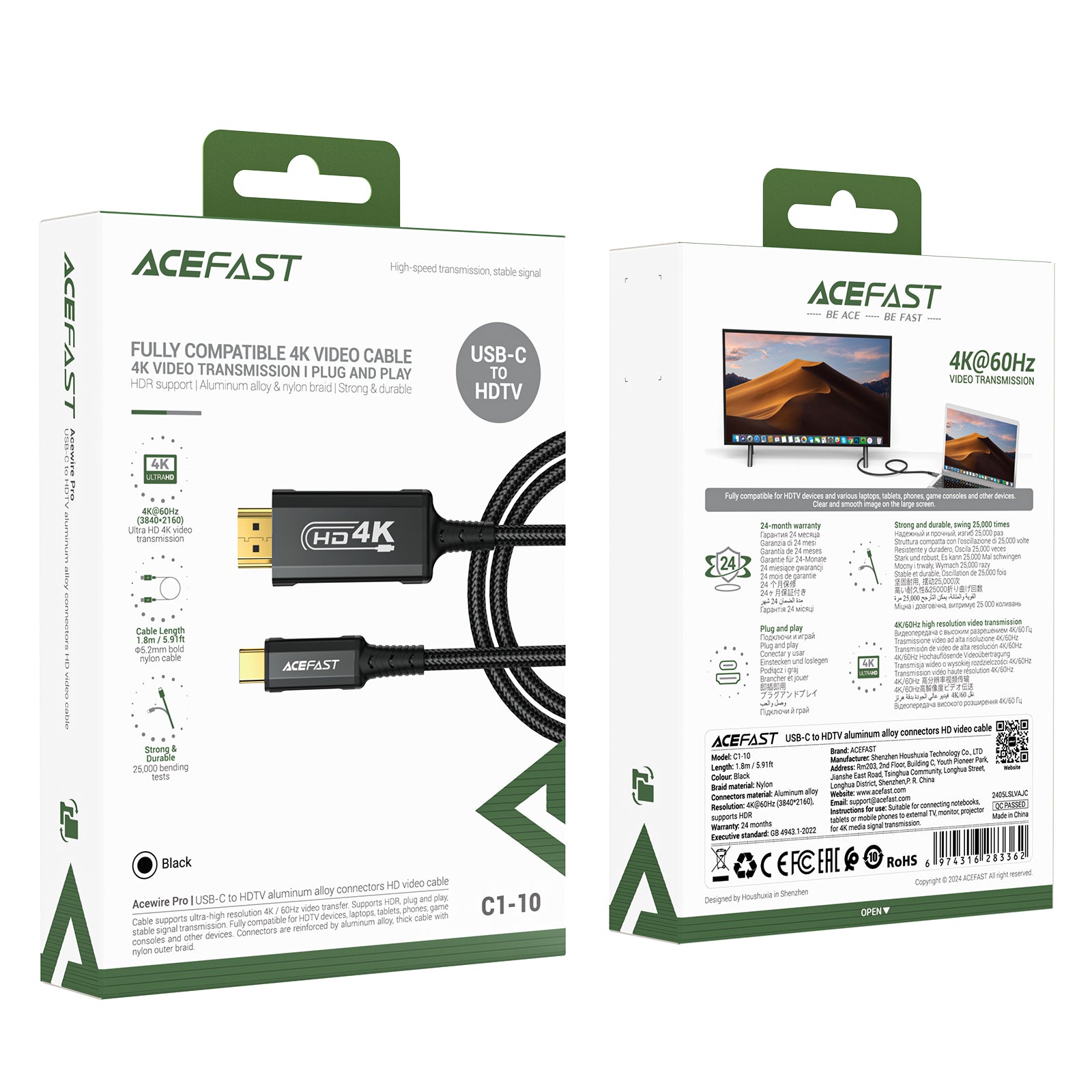 Audio-video cable USB-C - HDMI 4K 60Hz HDR 1.8m - black - Carlat