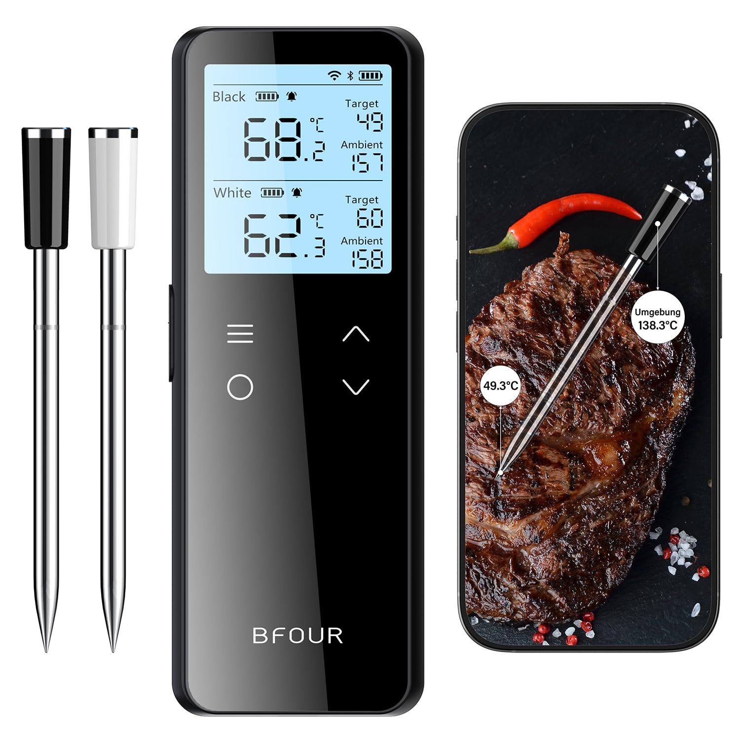 BFOUR Bluetooth & WiFi Meat Thermometer, Wireless Grill Thermometer with 2 Probes 6 Sensors, 100% Waterproof, ±0.1°C Accuracy, Meat Thermometer Wireless for Grill, Oven, Roasting - BF-80 - Carlat