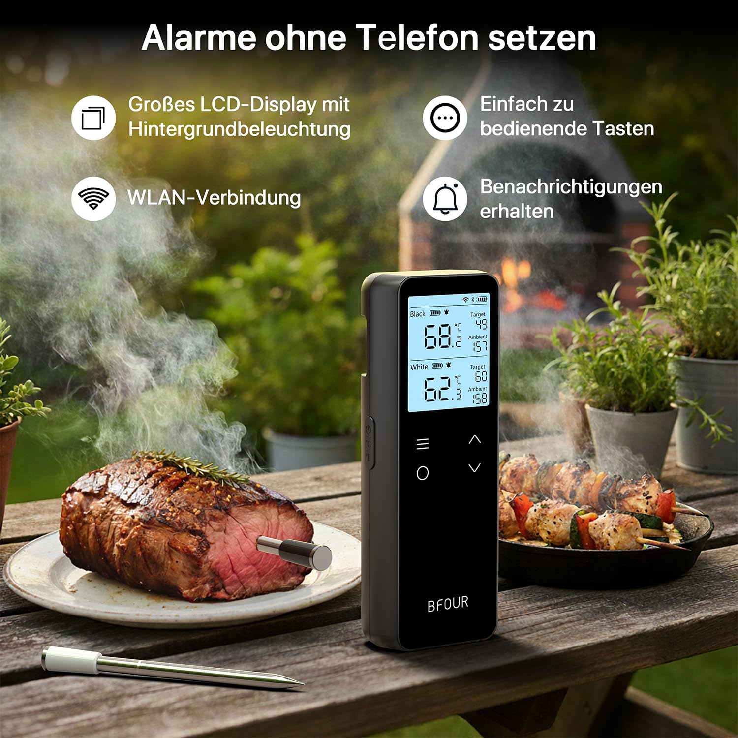 BFOUR Bluetooth & WiFi Meat Thermometer, Wireless Grill Thermometer with 2 Probes 6 Sensors, 100% Waterproof, ±0.1°C Accuracy, Meat Thermometer Wireless for Grill, Oven, Roasting - BF-80 - Carlat
