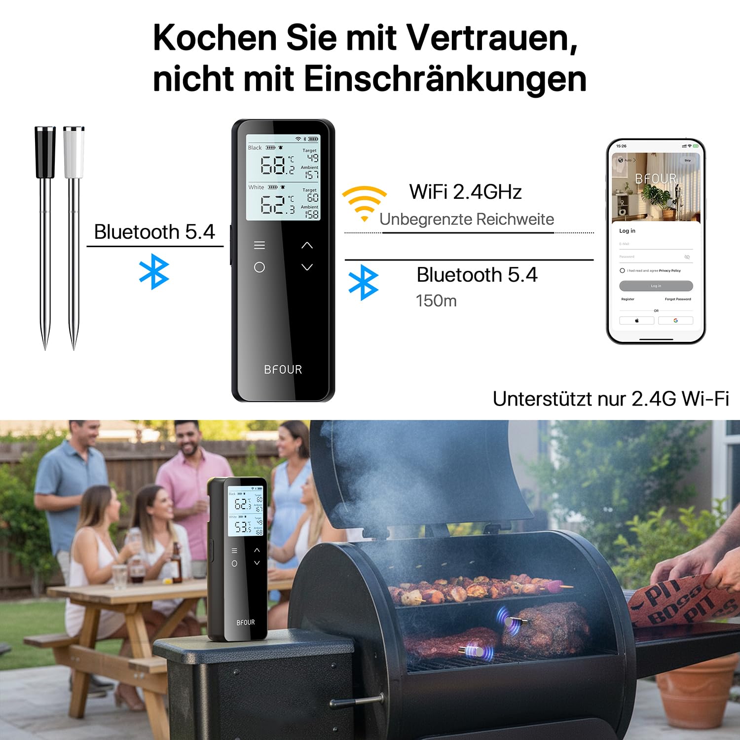 BFOUR Bluetooth & WiFi Meat Thermometer, Wireless Grill Thermometer with 2 Probes 6 Sensors, 100% Waterproof, ±0.1°C Accuracy, Meat Thermometer Wireless for Grill, Oven, Roasting - BF-80 - Carlat