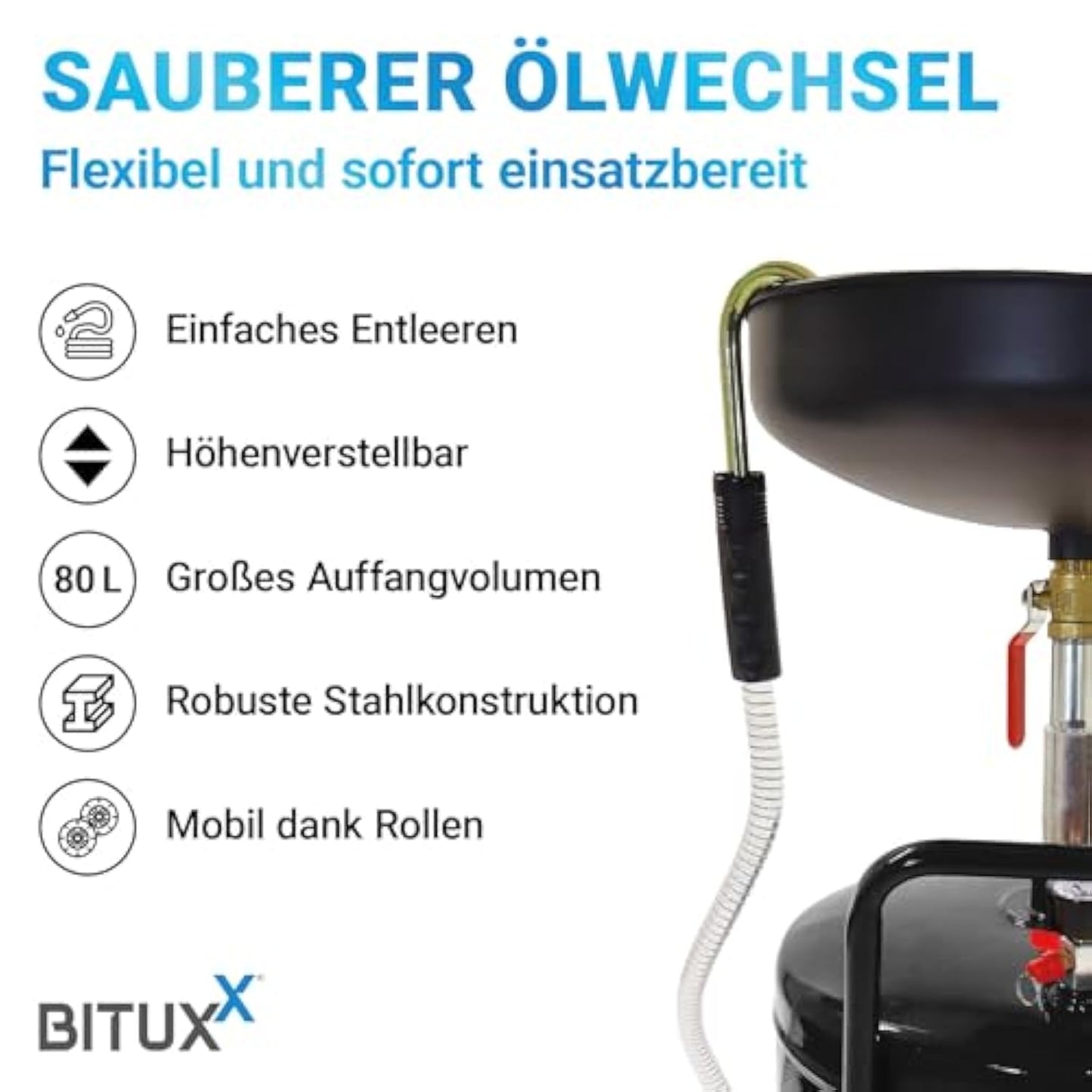 BITUXX Mobile 80 L Oil Catcher Oil Drain Device Oil Catcher Oil Catch Oil Change Compressed Air Emptying 38.5 cm Funnel Black - Carlat