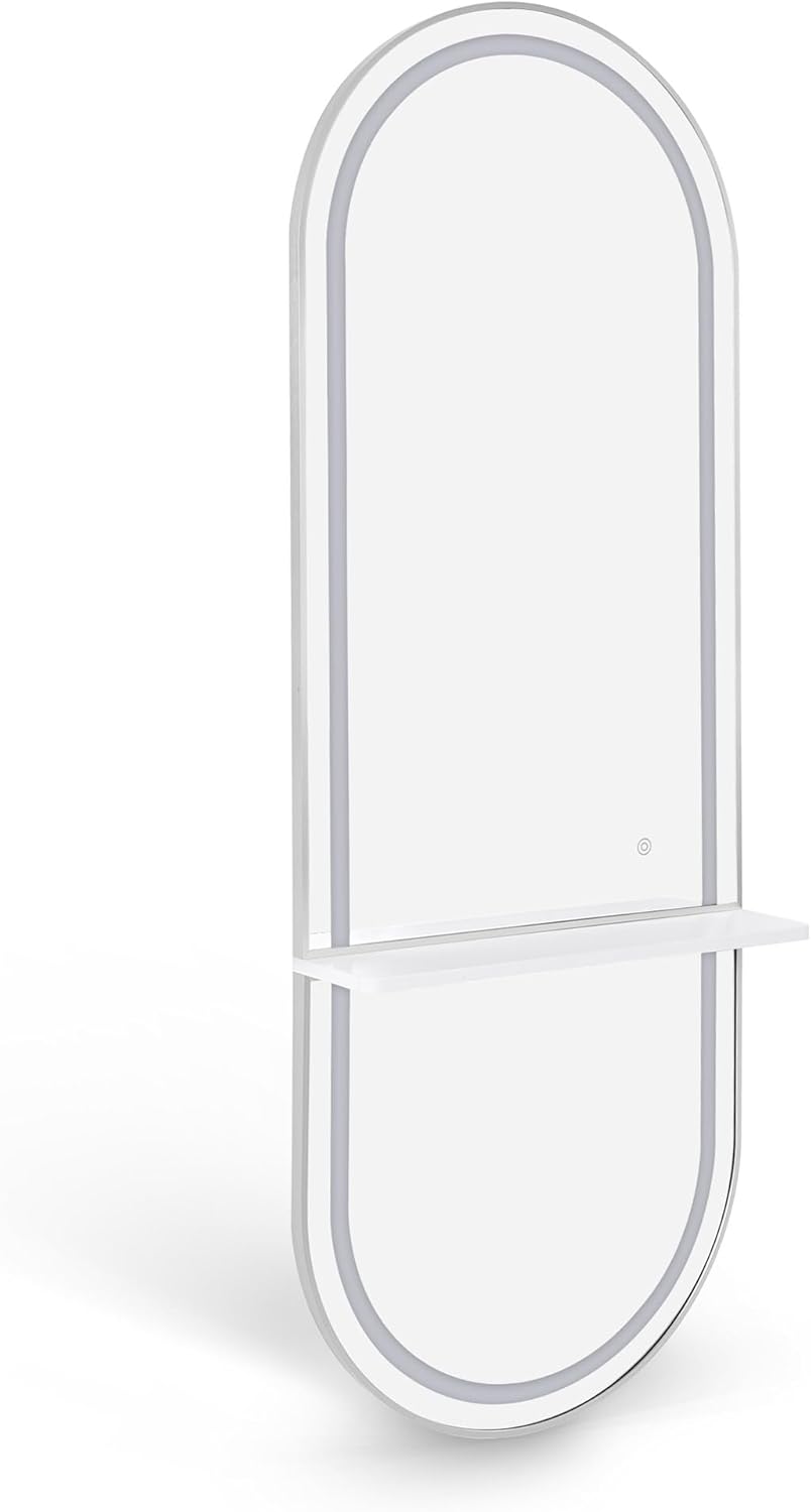 Barberpub J6270 Wall Mirror with Lighting, Full-Length Mirror with Aluminium Frame, Large Mirror with Shelf, Touch Switch, 3 Light Colours, Dimmable, for Hairdressing Salon, 17 x 65 x 177 cm - Carlat