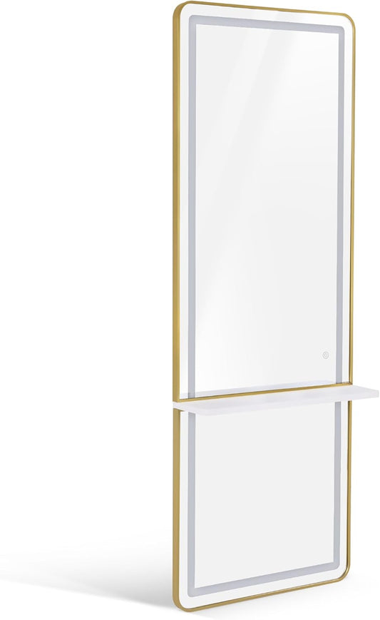 Barberpub Wandspiegel mit Beleuchtung, Ganzkörperspiegel mit Aluminiumrahmen, Großer Spiegel mit Ablage, Touch-Schalter, 3 Lichtfarben Dimmbar, für Friseursalon, 17x65x177 cm, J6271 (Weiß-Silber) - Carlat