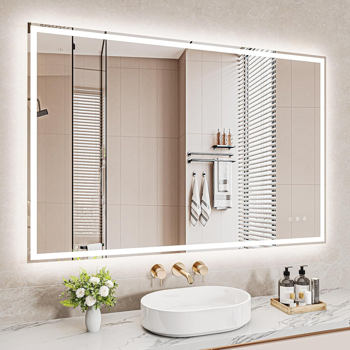 Bathroom Mirror, LED Bathroom Mirror, Memory Function, Touch Switch, Push Button, Dimmable, 3 Light Colours, Adjustable Bathroom Mirror with Lighting, Bathroom Mirror with Wall Mirror, Anti-Fog, 60 x - Carlat