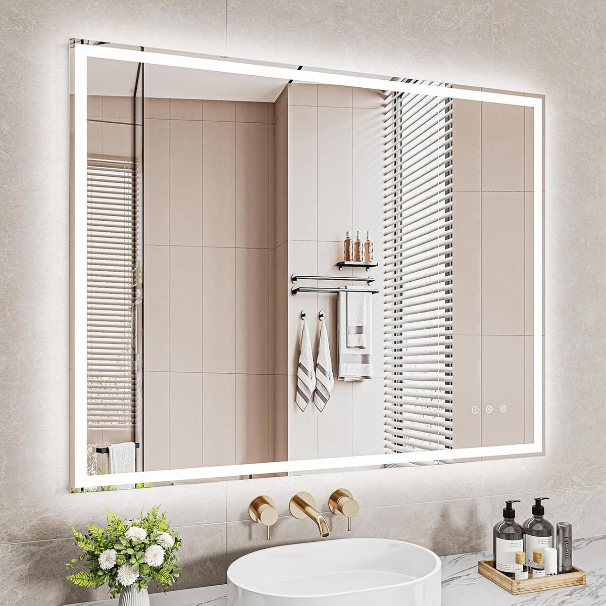 Bathroom Mirror, LED Bathroom Mirror, Memory Function, Touch Switch, Push Button, Dimmable, 3 Light Colours, Adjustable Bathroom Mirror with Lighting, Bathroom Mirror with Wall Mirror, Anti-Fog, 60 x - Carlat
