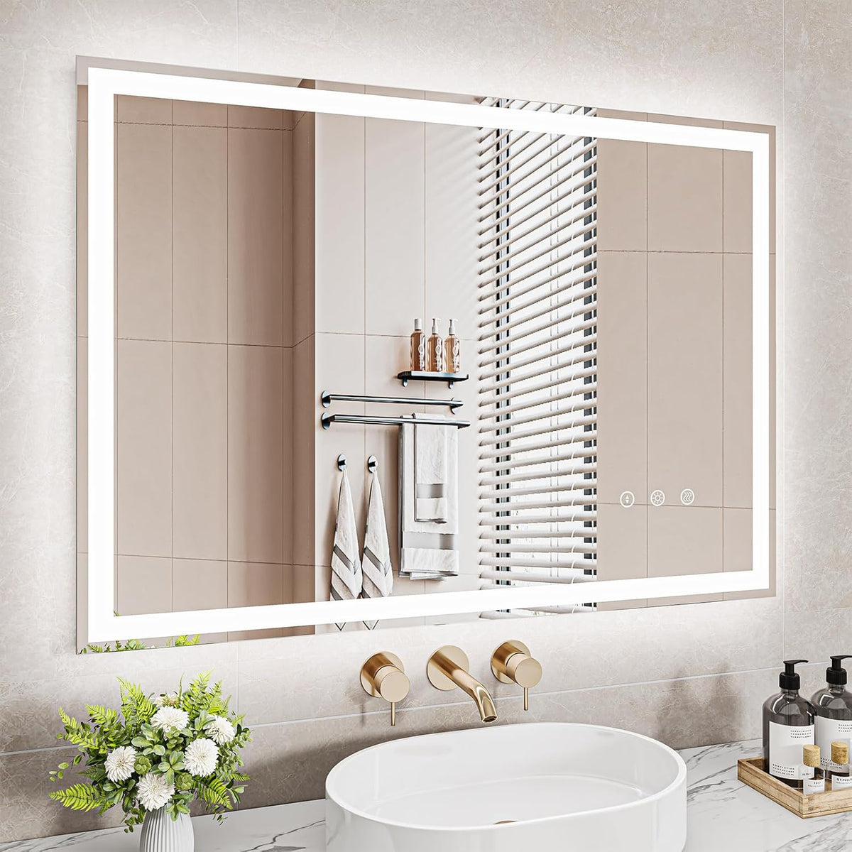 Bathroom Mirror, LED Bathroom Mirror, Memory Function, Touch Switch, Push Button, Dimmable, 3 Light Colours, Adjustable Bathroom Mirror with Lighting, Bathroom Mirror with Wall Mirror, Anti-Fog, 60 x - Carlat